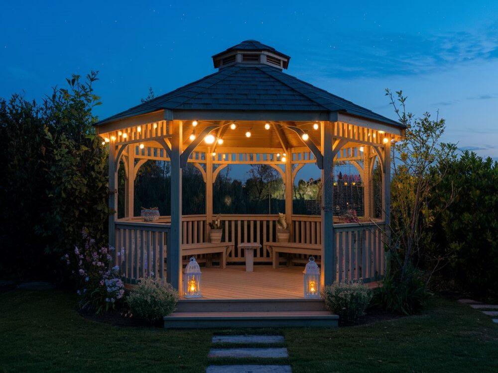 altana z girlandami świetlnymi