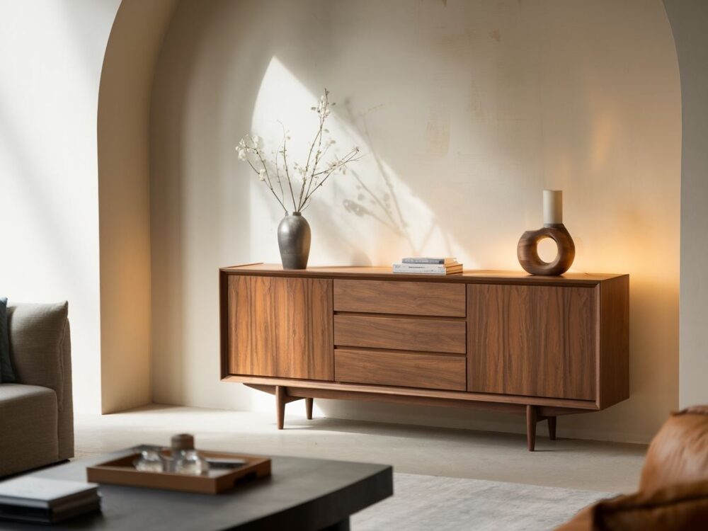 drewniana komoda z metalowymi uchwytami