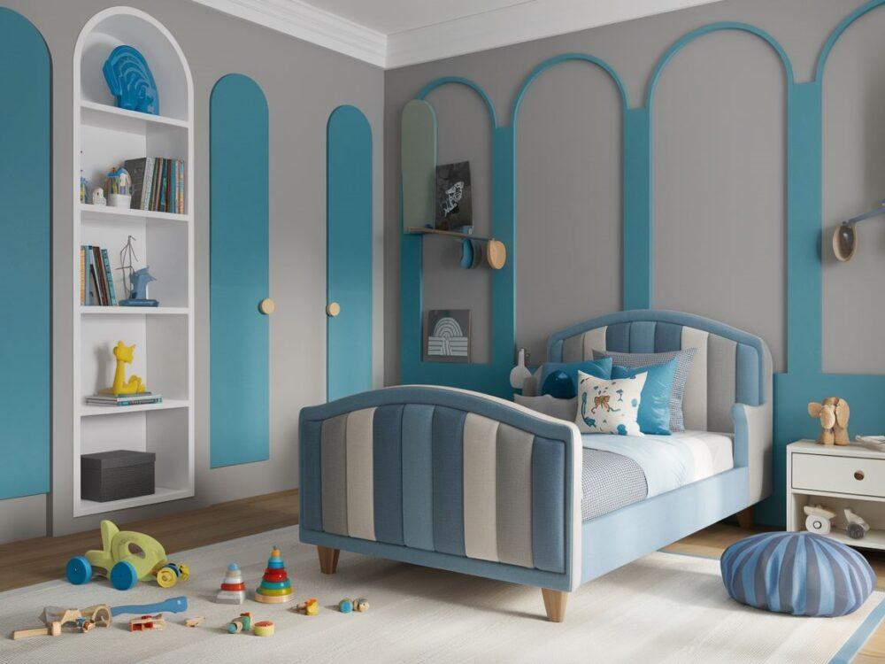 łóżko z niebieskim obiciem