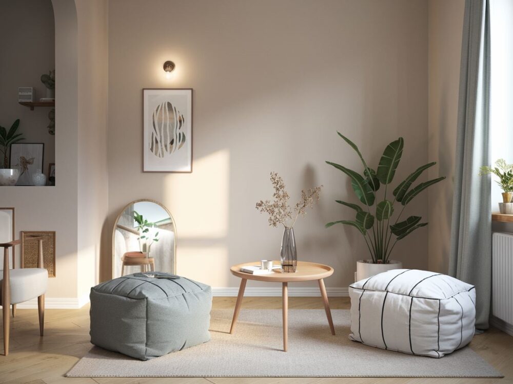 nowoczesny zestaw puf i stolika