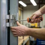 zawias na metalowej ramie drzwi