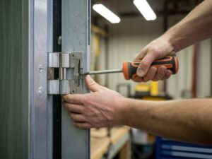 zawias na metalowej ramie drzwi