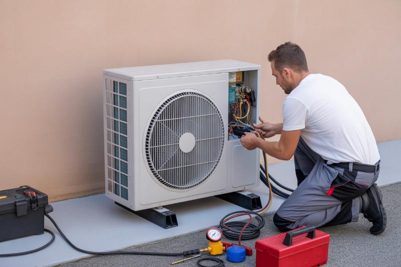 Serwisant regulujący podzespoły w jednostce zewnętrznej pompy ciepła