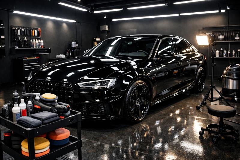 Czarny samochód po detailingu z widocznym połyskiem lakieru